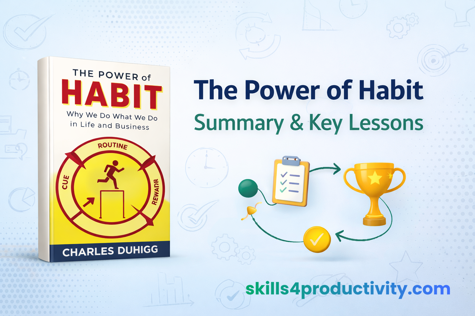 The Power of Habit summary by Charles Duhigg showing the habit loop cue routine reward and key lessons about building better habits