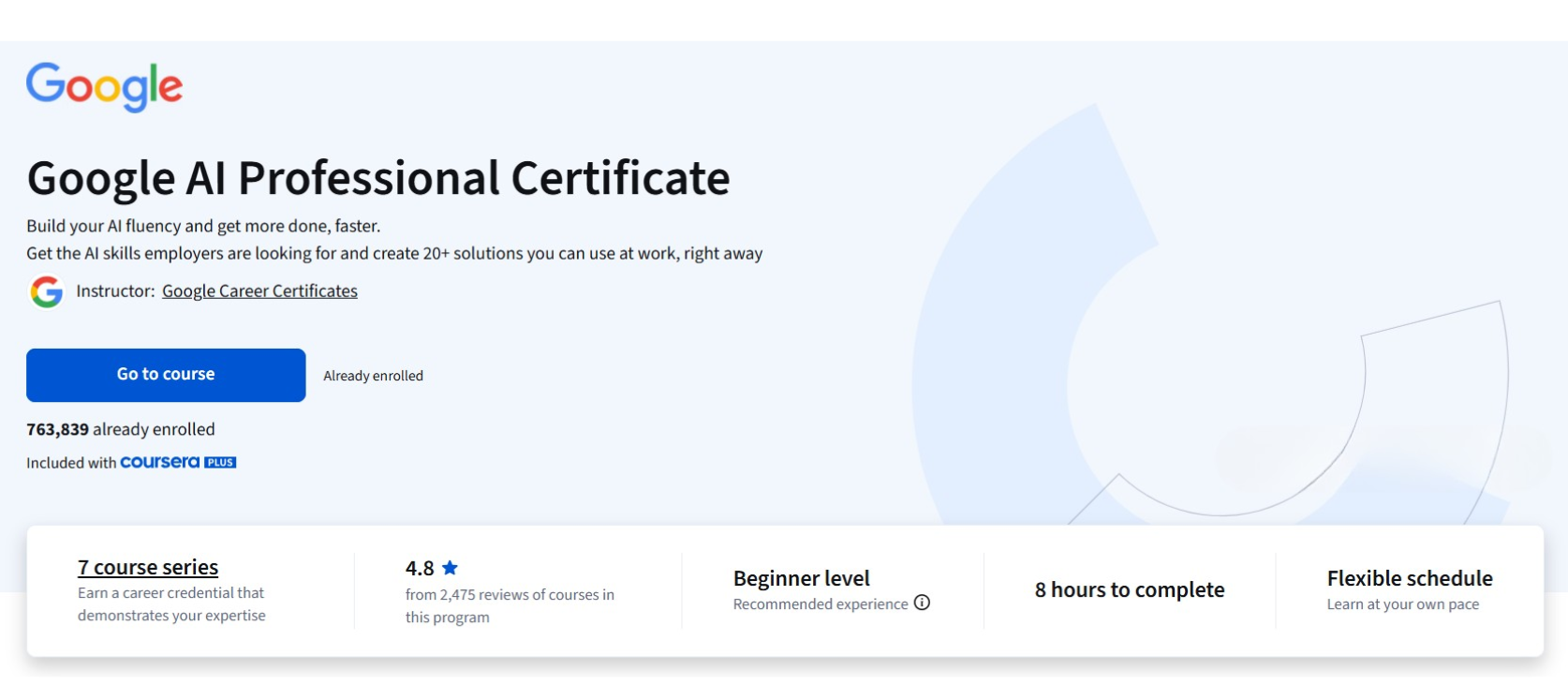 Google AI Professional Certificate course banner on Coursera