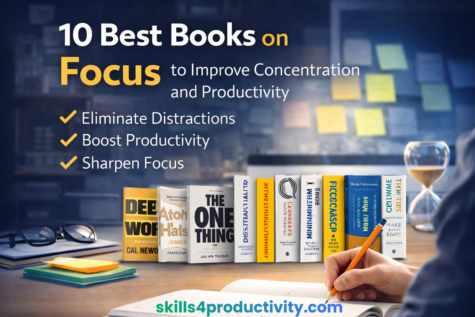 10 best books on focus including Deep Work Atomic Habits and The One Thing for improving concentration and productivity