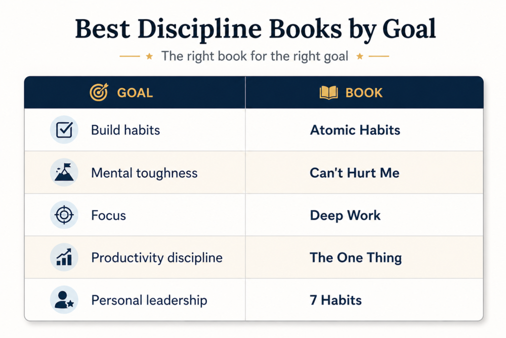 Best discipline books by goal comparison chart featuring Atomic Habits, Deep Work, Can't Hurt Me, The One Thing, and 7 Habits
