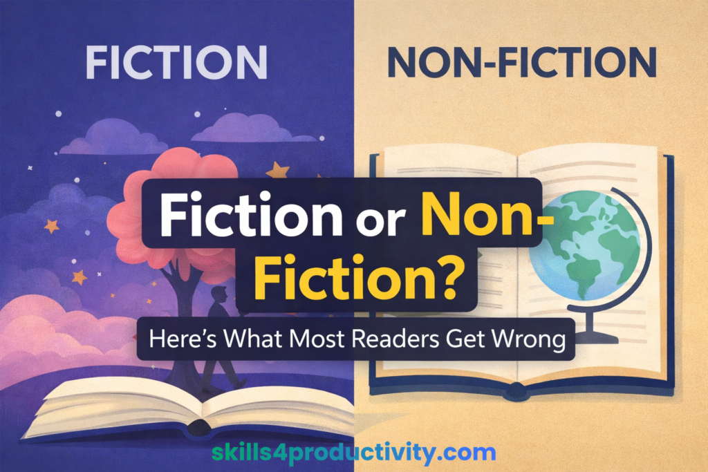 Visual comparison of fiction and non-fiction books showing imagination vs real-world learning