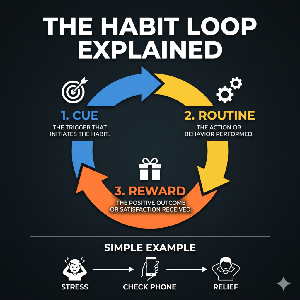 Habit loop diagram showing cue, routine, and reward cycle with example of stress leading to checking phone and feeling relief