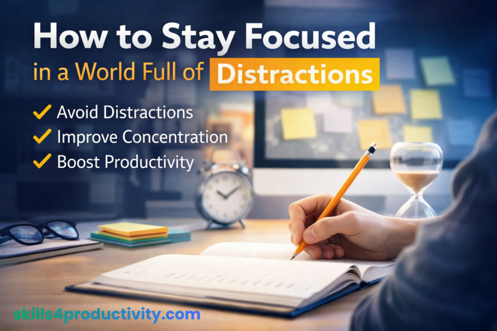how to stay focused in a world full of distractions workspace with notebook and productivity setup