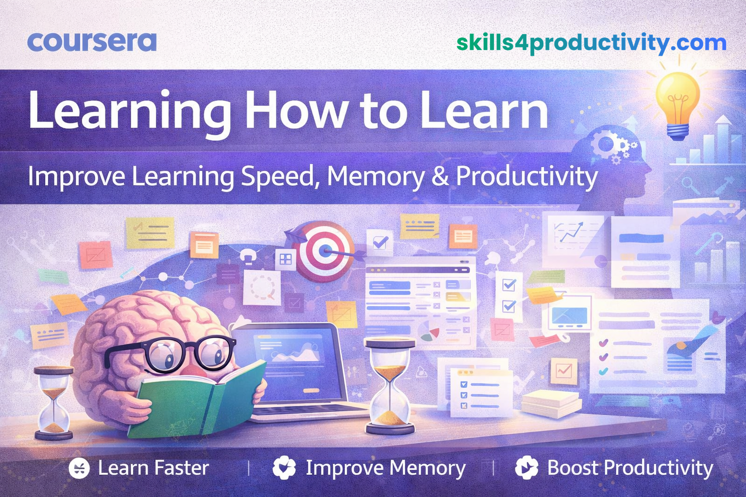 Learning How to Learn course illustration showing memory improvement, faster learning, and productivity techniques
