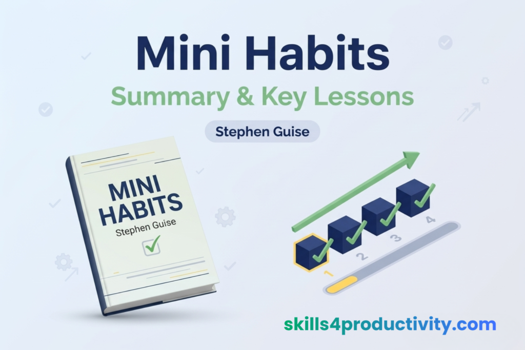 Mini Habits summary infographic showing key lessons from the book by Stephen Guise about building habits through small daily actions