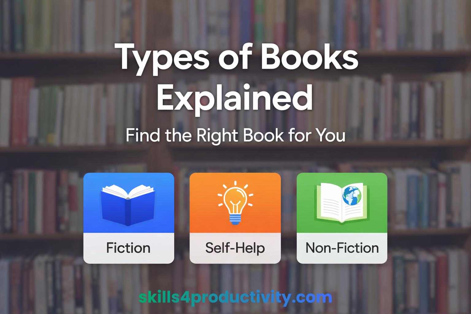 Illustration showing different types of books including fiction, self-help, and non-fiction categories