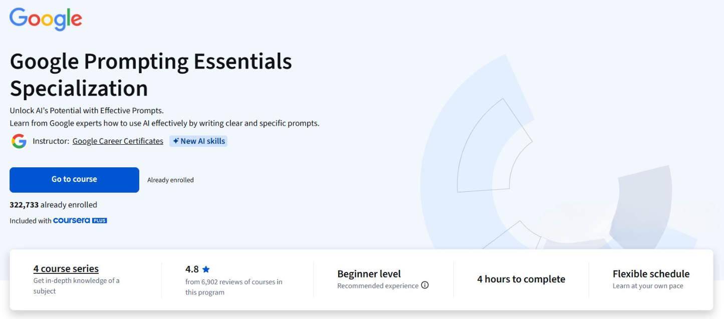 Google Prompting Essentials Specialization course banner on Coursera