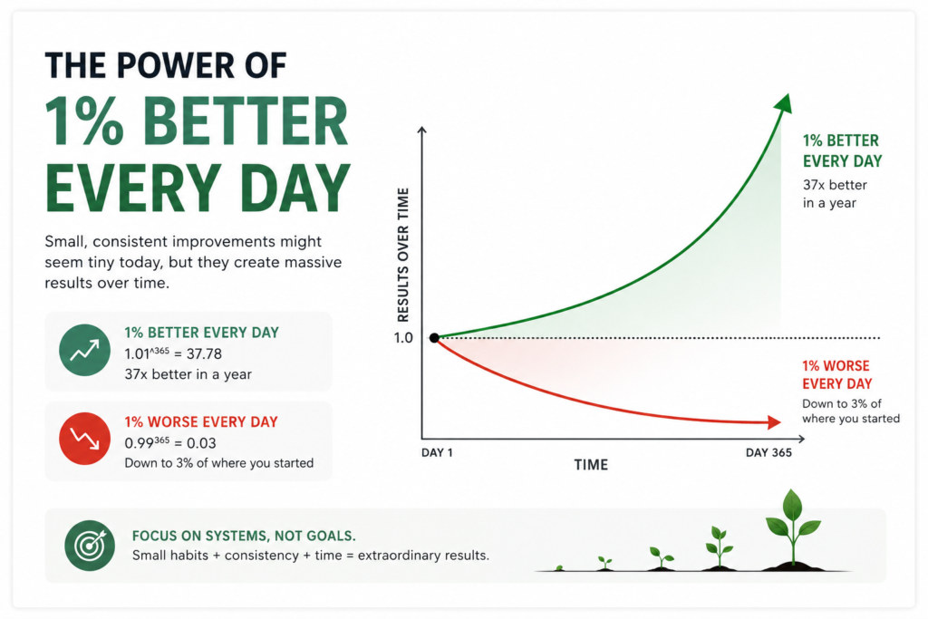Atomic Habits infographic showing how 1 percent better every day compounds into remarkable long-term results