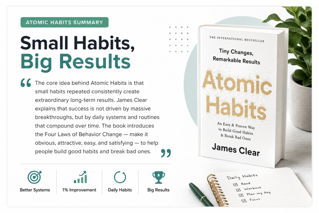 Atomic Habits summary infographic showing how small daily habits create big long-term results by James Clear