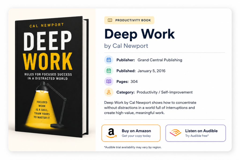 Book overview card for Deep Work by Cal Newport showing book details, Amazon purchase option, and Audible audiobook listening option.