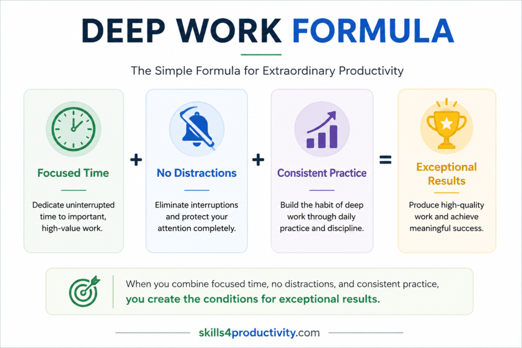 Infographic showing the Deep Work Formula: Focused Time plus No Distractions plus Consistent Practice equals Exceptional Results.