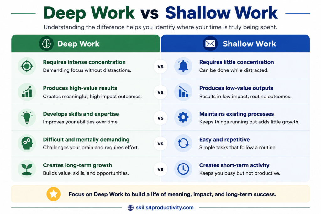Infographic comparing Deep Work and Shallow Work, showing differences in concentration, value creation, skill development, mental effort, and long-term growth.
