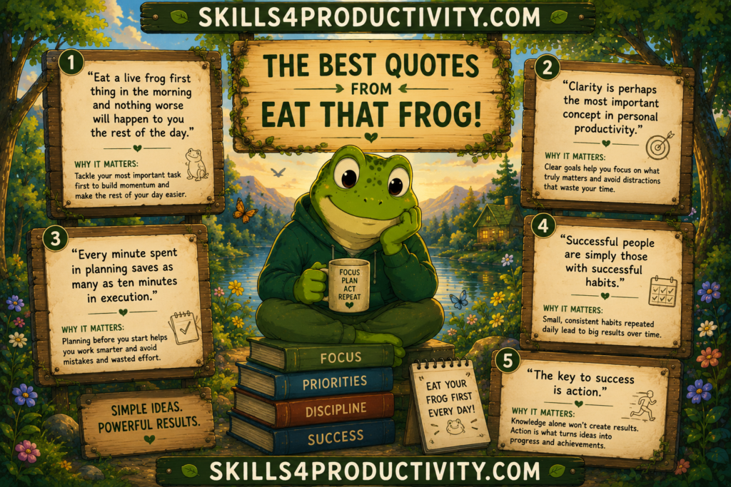 Studio Ghibli-inspired infographic featuring Froggy surrounded by five of the best quotes from Eat That Frog! by Brian Tracy, with short explanations of why each quote matters.