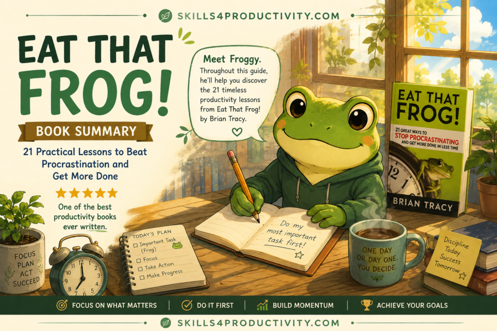 Ghibli-inspired illustration of a friendly green frog writing in a notebook beside the book Eat That Frog! by Brian Tracy, introducing a visual book summary about overcoming procrastination and improving productivity.