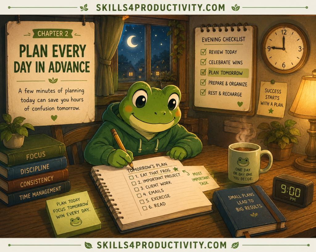 Studio Ghibli-inspired illustration of Froggy planning tomorrow's tasks in a notebook to represent Chapter 2, "Plan Every Day in Advance," from Eat That Frog by Brian Tracy.