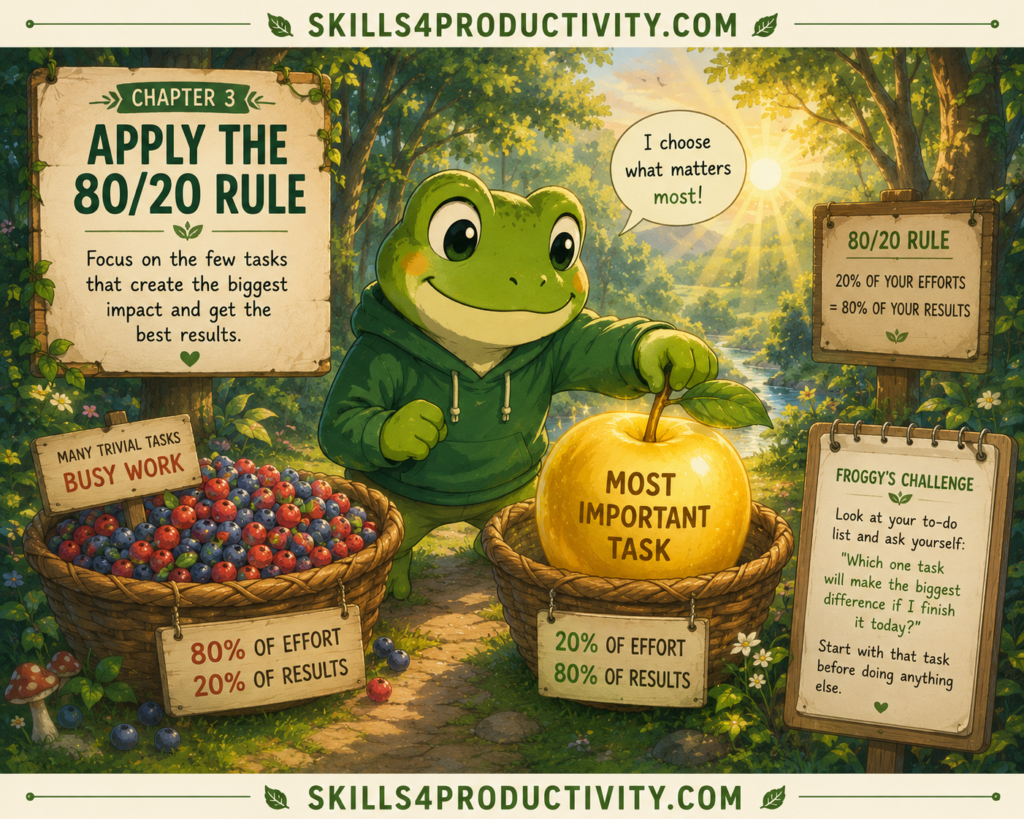Studio Ghibli-inspired illustration of Froggy choosing one large golden fruit over many small berries to represent the 80/20 Rule from Eat That Frog by Brian Tracy.