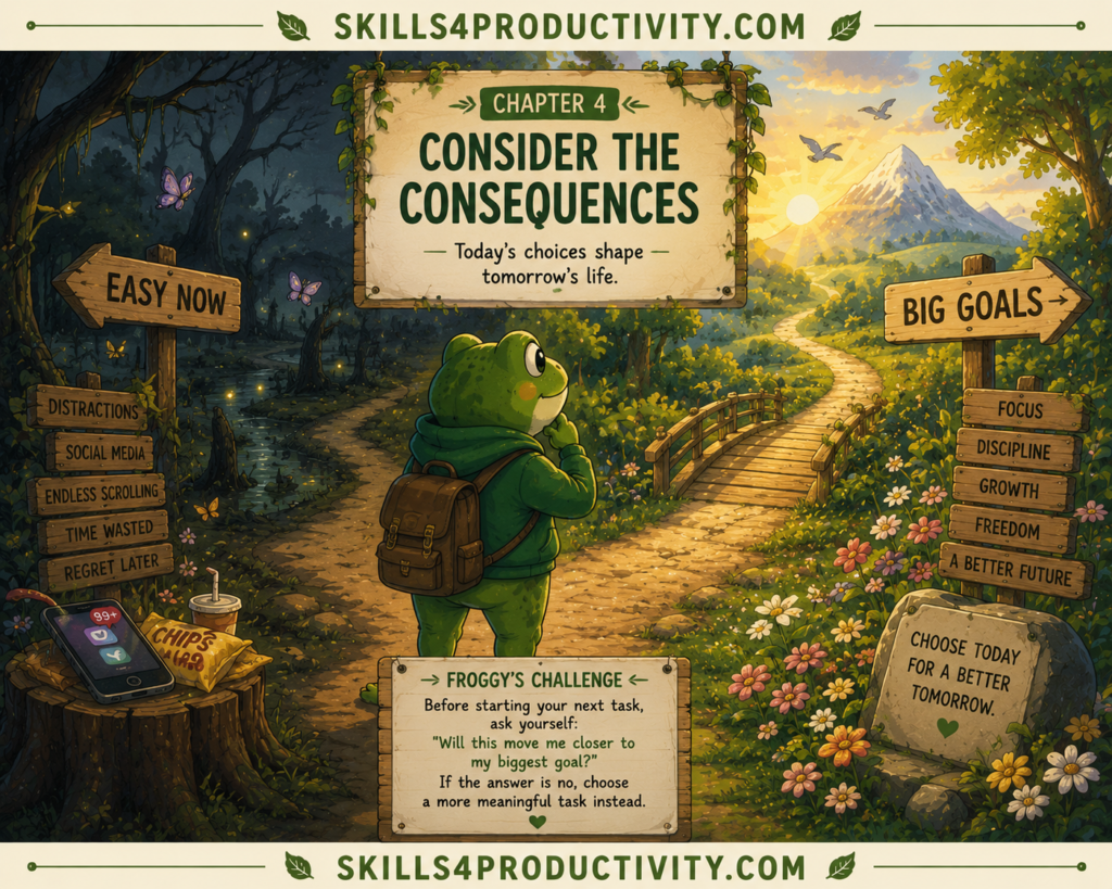 Studio Ghibli-inspired illustration of Froggy choosing the brighter path at a forest crossroads to represent Chapter 4, "Consider the Consequences," from Eat That Frog by Brian Tracy.