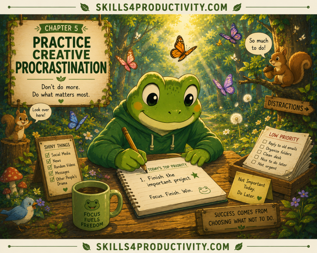 Studio Ghibli-inspired illustration of Froggy staying focused on important work while ignoring distractions to represent Chapter 5, "Practice Creative Procrastination," from Eat That Frog by Brian Tracy.