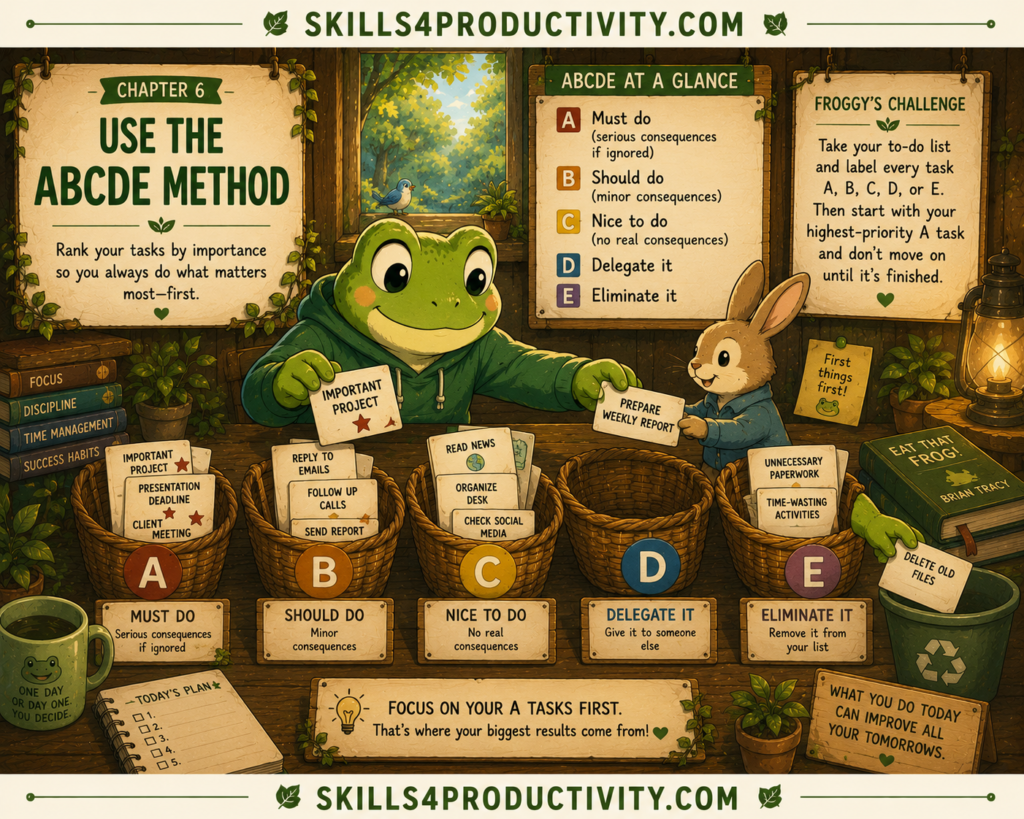 Studio Ghibli-inspired illustration of Froggy organizing tasks into A, B, C, D, and E baskets to represent the ABCDE Method from Eat That Frog by Brian Tracy.