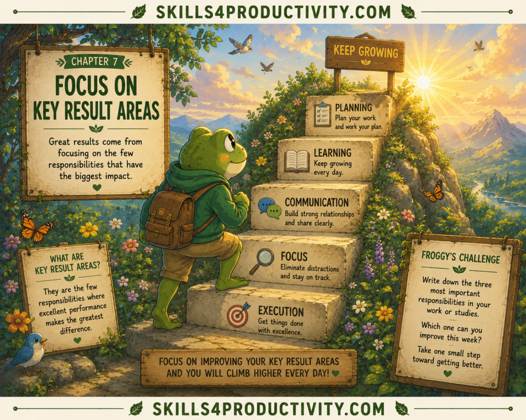 Studio Ghibli-inspired illustration of Froggy climbing steps labeled with key responsibilities to represent Chapter 7, "Focus on Key Result Areas," from Eat That Frog by Brian Tracy.