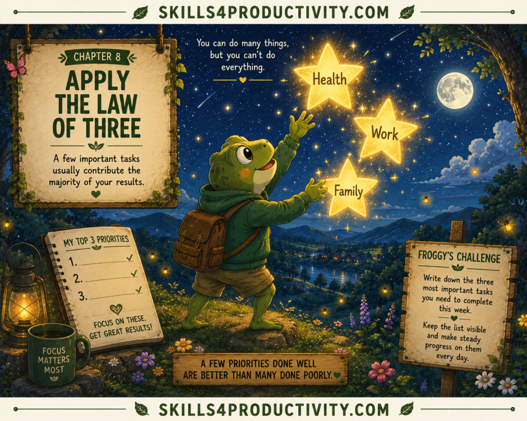 Studio Ghibli-inspired illustration of Froggy choosing three glowing stars to represent Chapter 8, "Apply the Law of Three," from Eat That Frog by Brian Tracy.