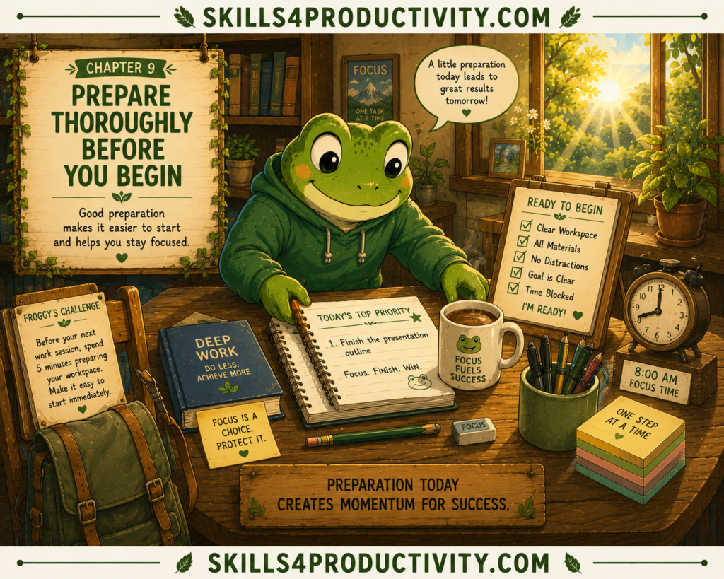 Studio Ghibli-inspired illustration of Froggy preparing his desk and organizing everything before starting work to represent Chapter 9, "Prepare Thoroughly Before You Begin," from Eat That Frog by Brian Tracy.