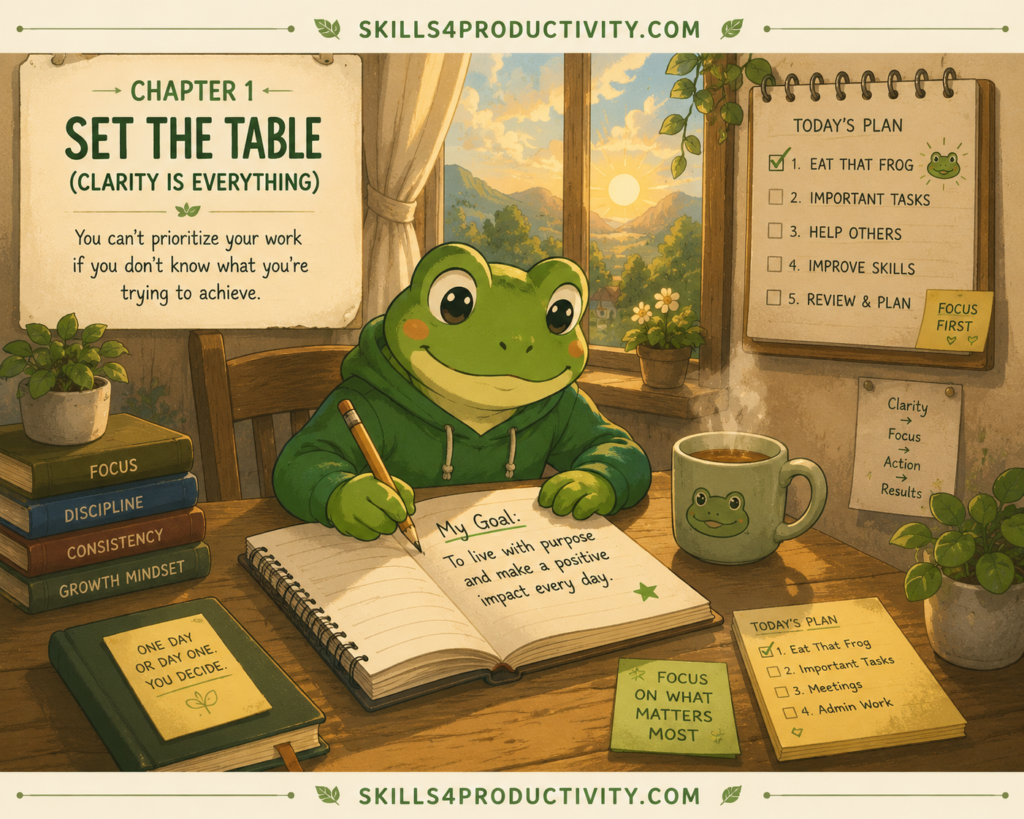 Studio Ghibli-inspired illustration of Froggy setting goals in a notebook to represent Chapter 1, "Set the Table (Clarity Is Everything)," from Eat That Frog by Brian Tracy.