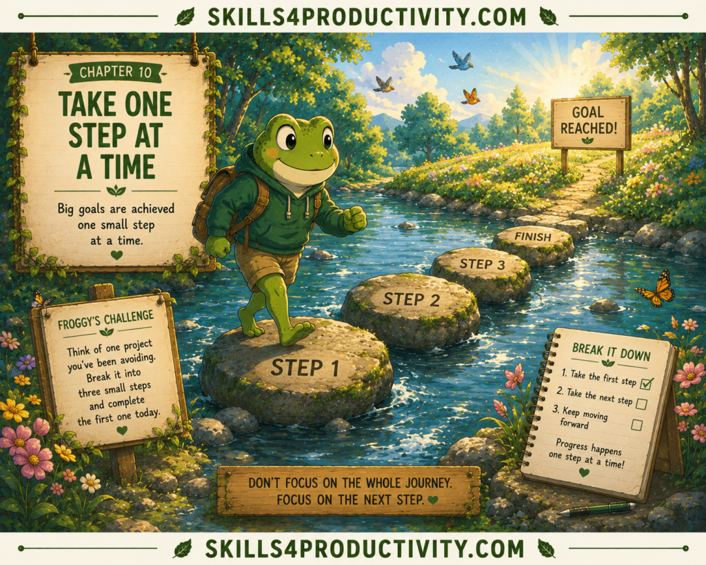 Studio Ghibli-inspired illustration of Froggy crossing a river one stepping stone at a time to represent Chapter 10, "Take One Step at a Time," from Eat That Frog by Brian Tracy.
