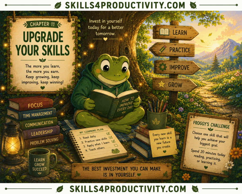 Studio Ghibli-inspired illustration of Froggy reading books and learning new skills to represent Chapter 11, "Upgrade Your Skills," from Eat That Frog by Brian Tracy.