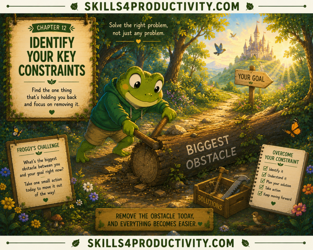 Studio Ghibli-inspired illustration of Froggy removing a fallen tree blocking a forest path to represent Chapter 12, "Identify Your Key Constraints," from Eat That Frog by Brian Tracy.