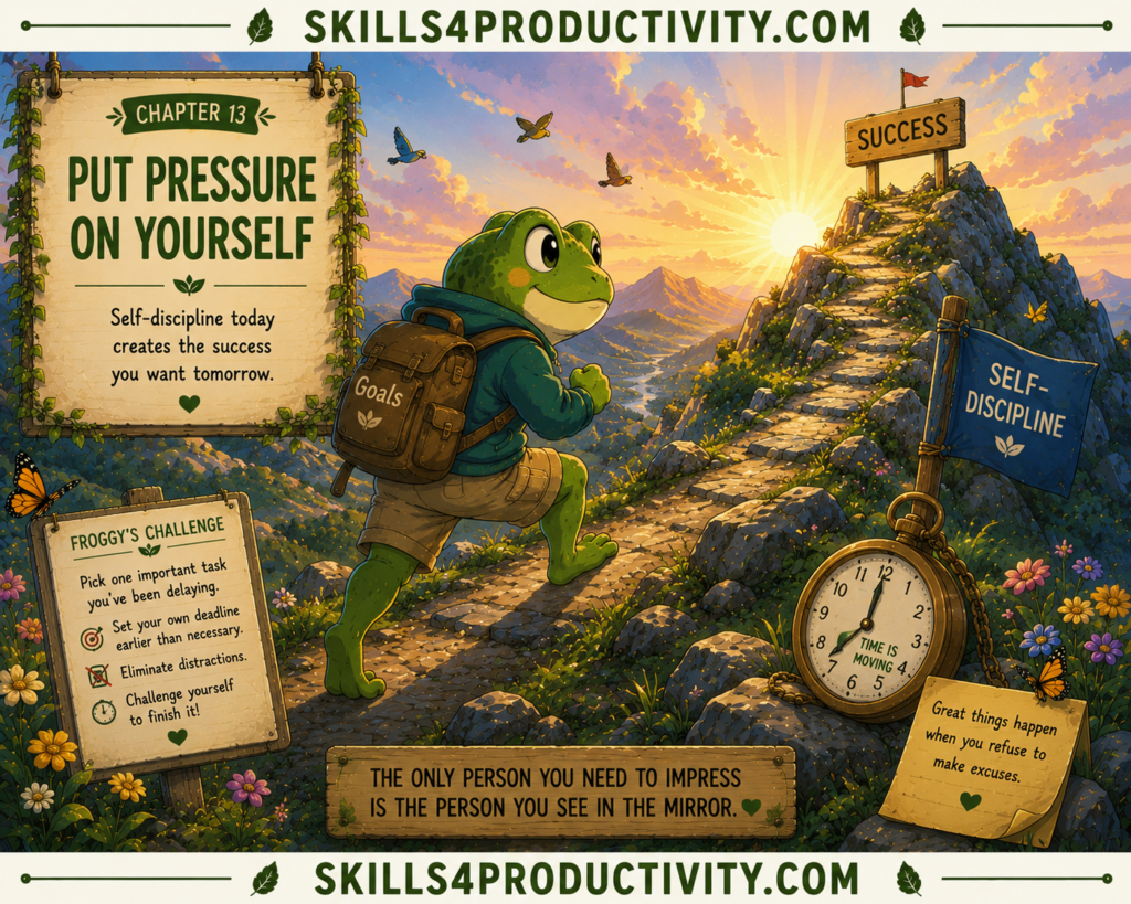 Studio Ghibli-inspired illustration of Froggy climbing a mountain under his own motivation to represent Chapter 13, "Put Pressure on Yourself," from Eat That Frog by Brian Tracy.