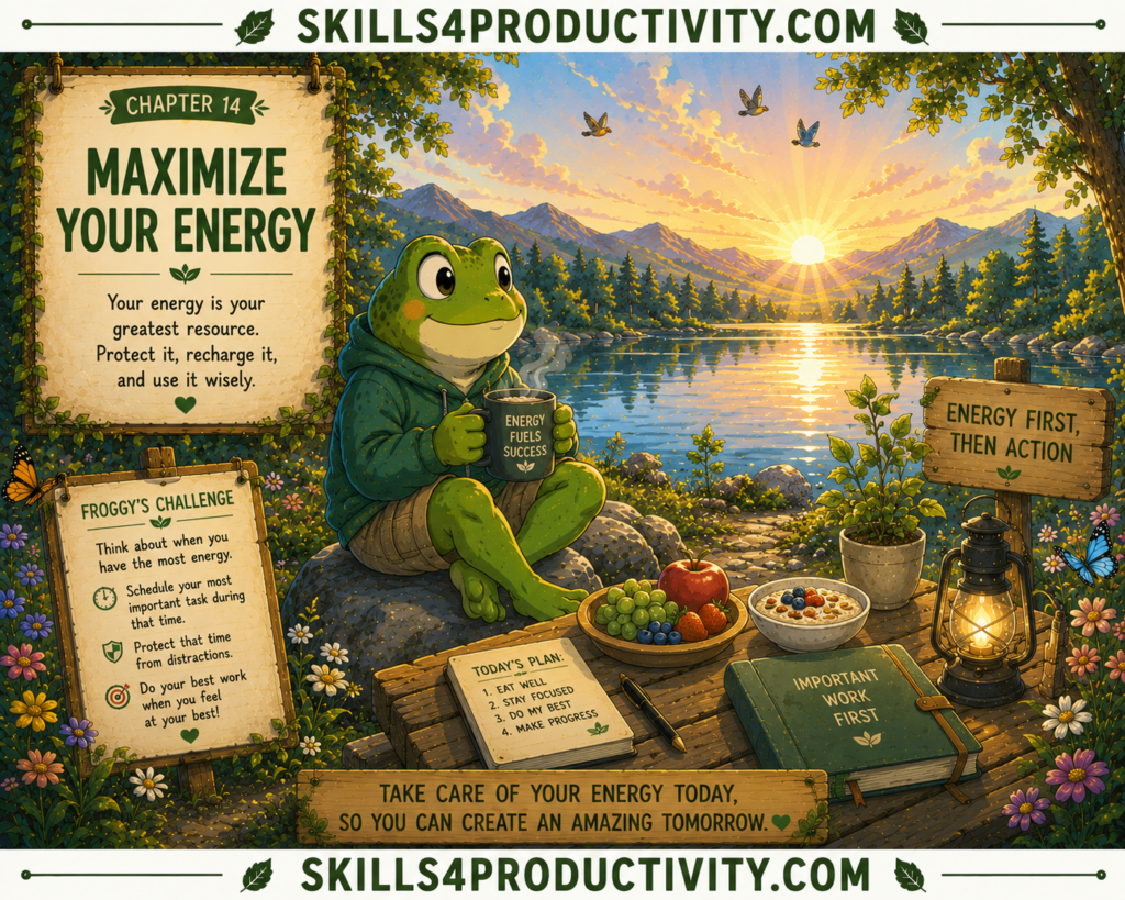 Studio Ghibli-inspired illustration of Froggy relaxing by a sunrise lake to represent Chapter 14, "Maximize Your Energy," from Eat That Frog by Brian Tracy.