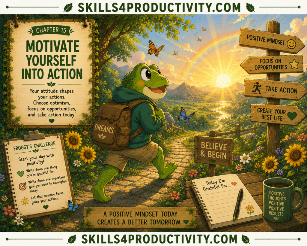 Studio Ghibli-inspired illustration of Froggy walking confidently toward a sunrise with a positive attitude to represent Chapter 15, "Motivate Yourself Into Action," from Eat That Frog by Brian Tracy.