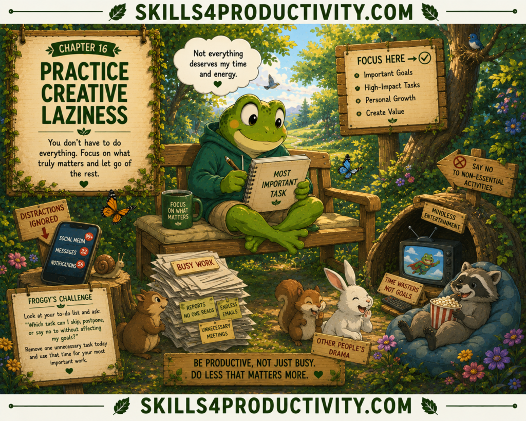 Studio Ghibli-inspired illustration of Froggy ignoring distractions and focusing on one important task to represent Chapter 16, "Practice Creative Laziness," from Eat That Frog by Brian Tracy.