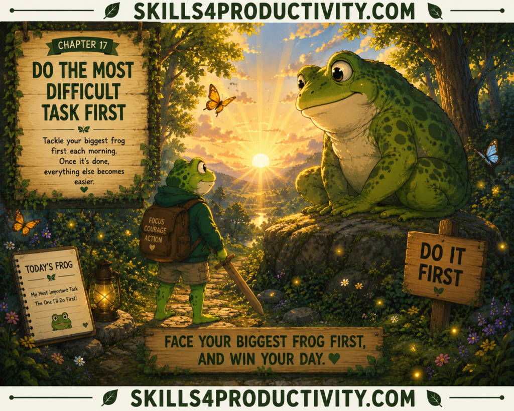 Studio Ghibli-inspired illustration of Froggy courageously facing a giant friendly frog at sunrise to represent Chapter 17, "Do the Most Difficult Task First," from Eat That Frog by Brian Tracy.