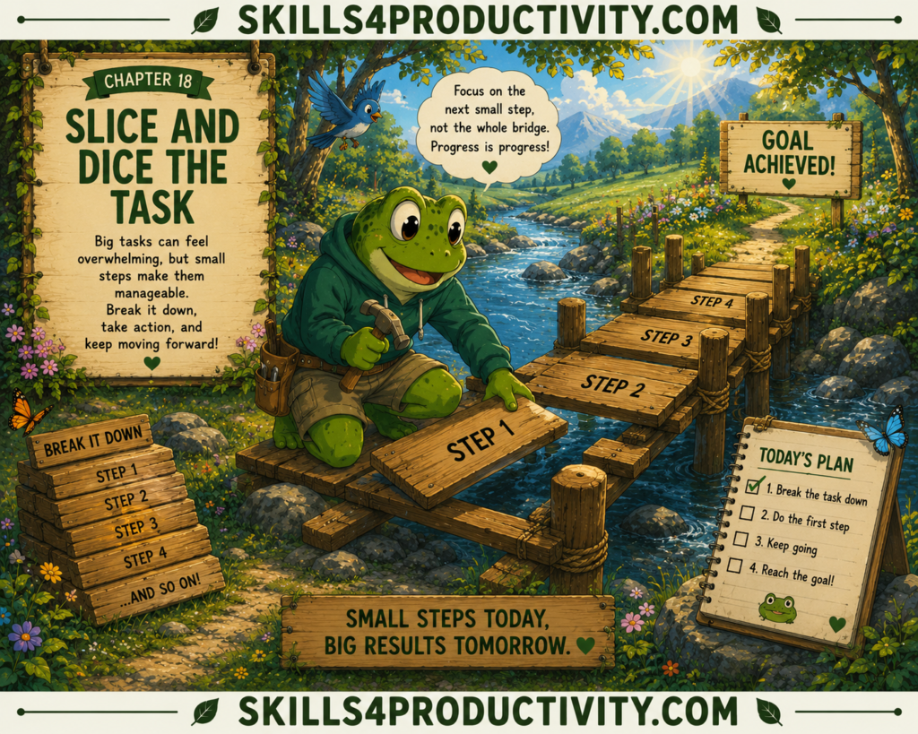 Studio Ghibli-inspired illustration of Froggy building a bridge one plank at a time to represent Chapter 18, "Slice and Dice the Task," from Eat That Frog by Brian Tracy.