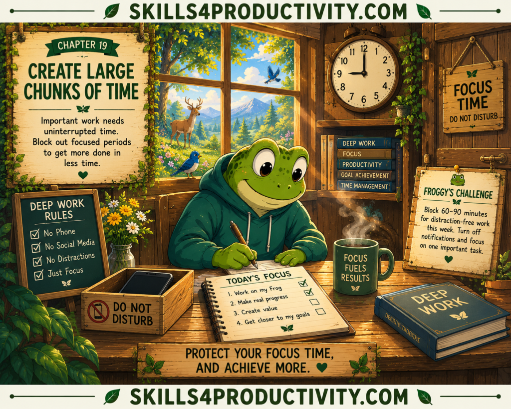Studio Ghibli-inspired illustration of Froggy working in a quiet woodland cabin during a distraction-free focus session to represent Chapter 19, "Create Large Chunks of Time," from Eat That Frog by Brian Tracy.