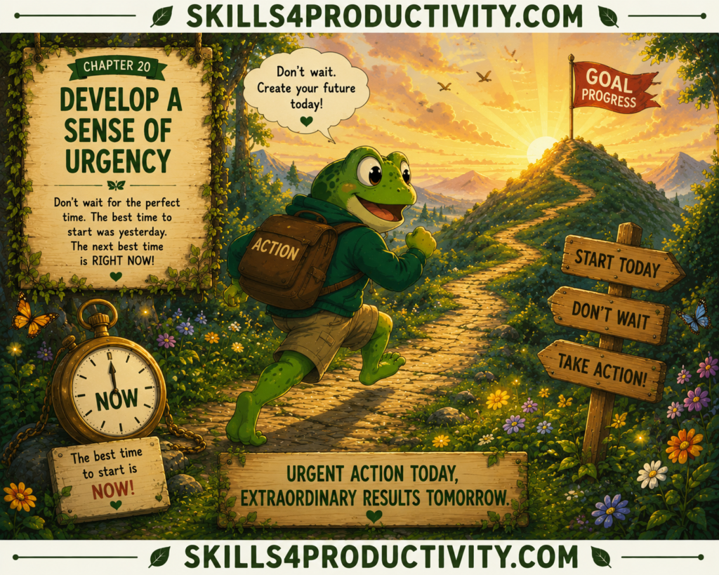 Studio Ghibli-inspired illustration of Froggy running toward his goal at sunrise to represent Chapter 20, "Develop a Sense of Urgency," from Eat That Frog by Brian Tracy.