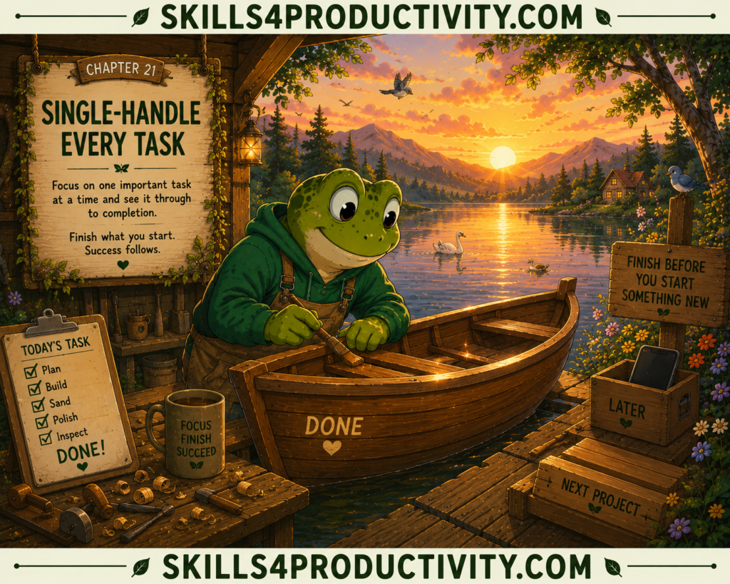 Studio Ghibli-inspired illustration of Froggy completing a handcrafted wooden boat before starting another project to represent Chapter 21, "Single-Handle Every Task," from Eat That Frog by Brian Tracy.