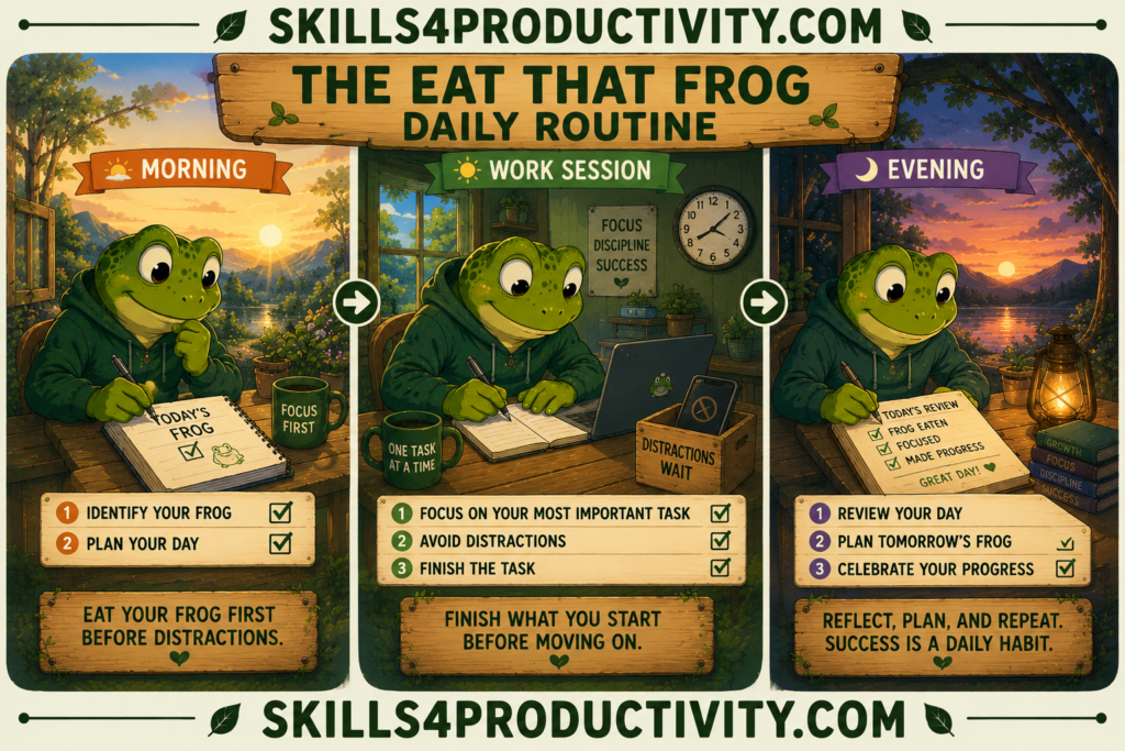 Studio Ghibli-inspired infographic showing Froggy's daily productivity routine with morning planning, focused work sessions, and evening reflection based on the principles from Eat That Frog by Brian Tracy.