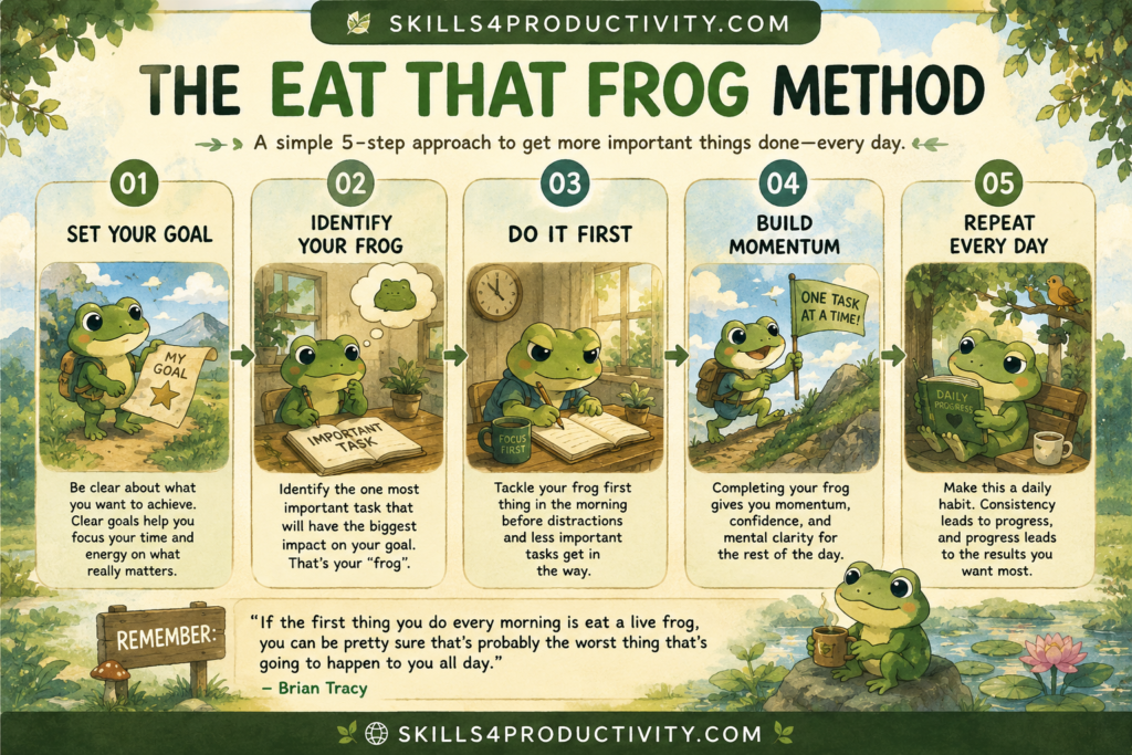 Studio Ghibli-inspired infographic illustrating Brian Tracy's Eat That Frog method with a friendly frog character explaining the five-step productivity framework: Set Your Goal, Identify Your Frog, Do It First, Build Momentum, and Repeat Every Day.