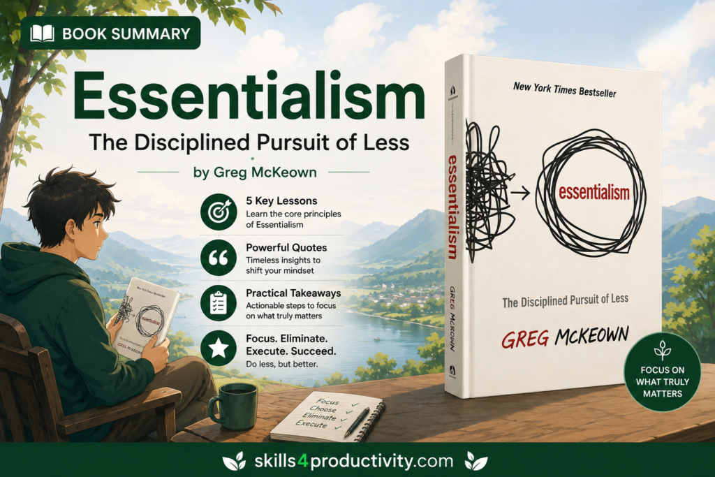 Featured image for the Essentialism book summary by Greg McKeown showing the book cover, key lessons, practical takeaways, and the core idea of focusing on what truly matters.