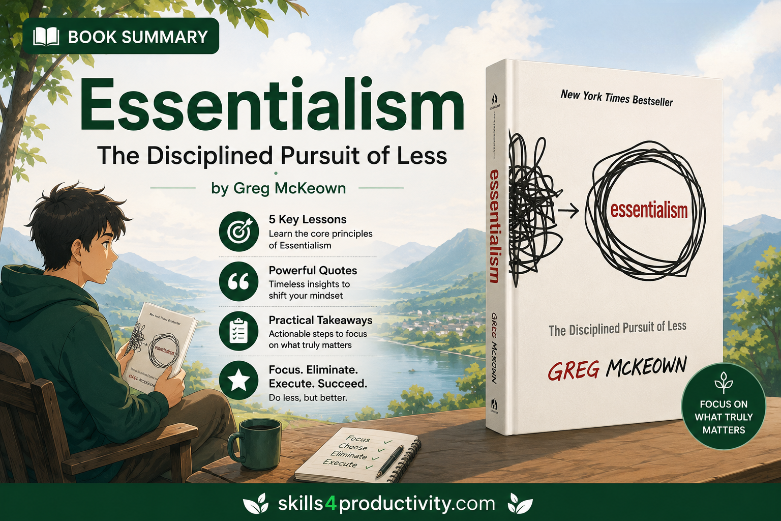 Featured image for the Essentialism book summary by Greg McKeown showing the book cover, key lessons, practical takeaways, and the core idea of focusing on what truly matters.
