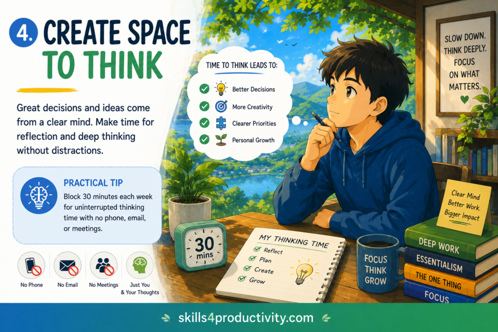 Colorful illustration showing the Essentialism principle of creating space to think, reflecting without distractions, and making better decisions through focused thinking.