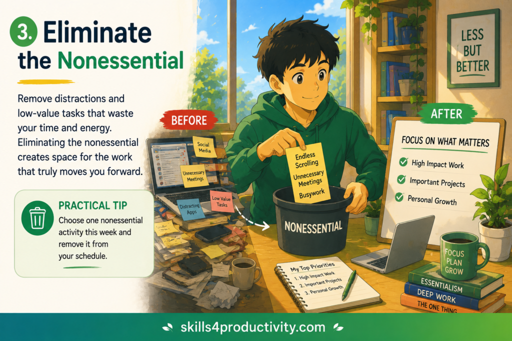 Colorful illustration showing the Essentialism principle of eliminating nonessential tasks, reducing distractions, and focusing on high-impact work.