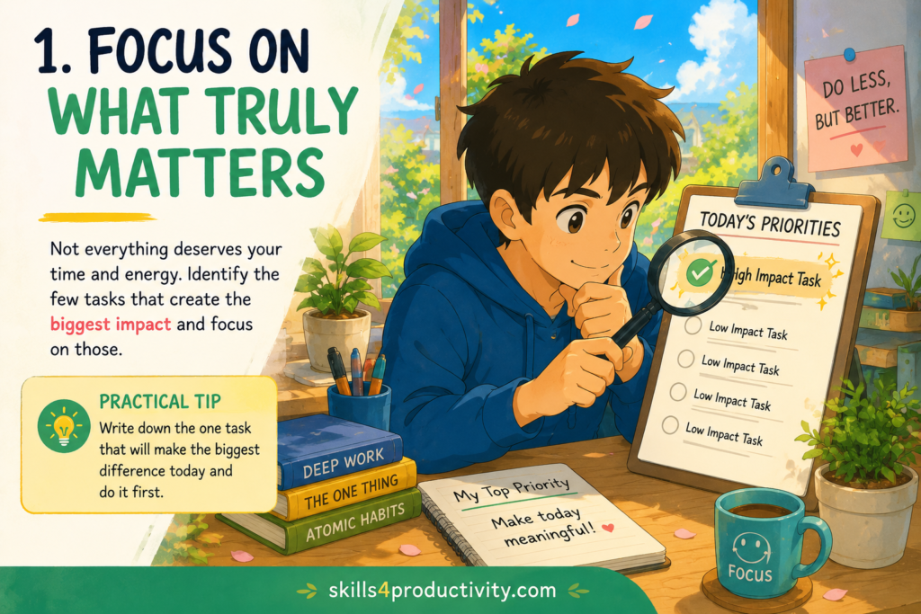 Illustration showing the Essentialism principle of focusing on what truly matters by identifying high-impact tasks and eliminating distractions.