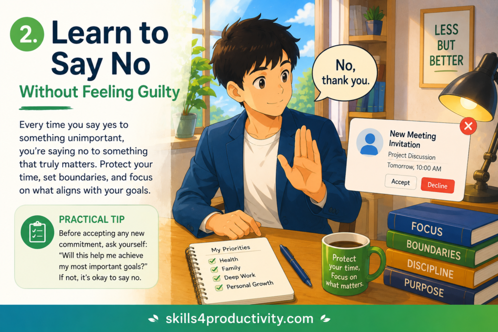 Colorful illustration showing the Essentialism principle of learning to say no, setting healthy boundaries, and protecting time for high-impact work.