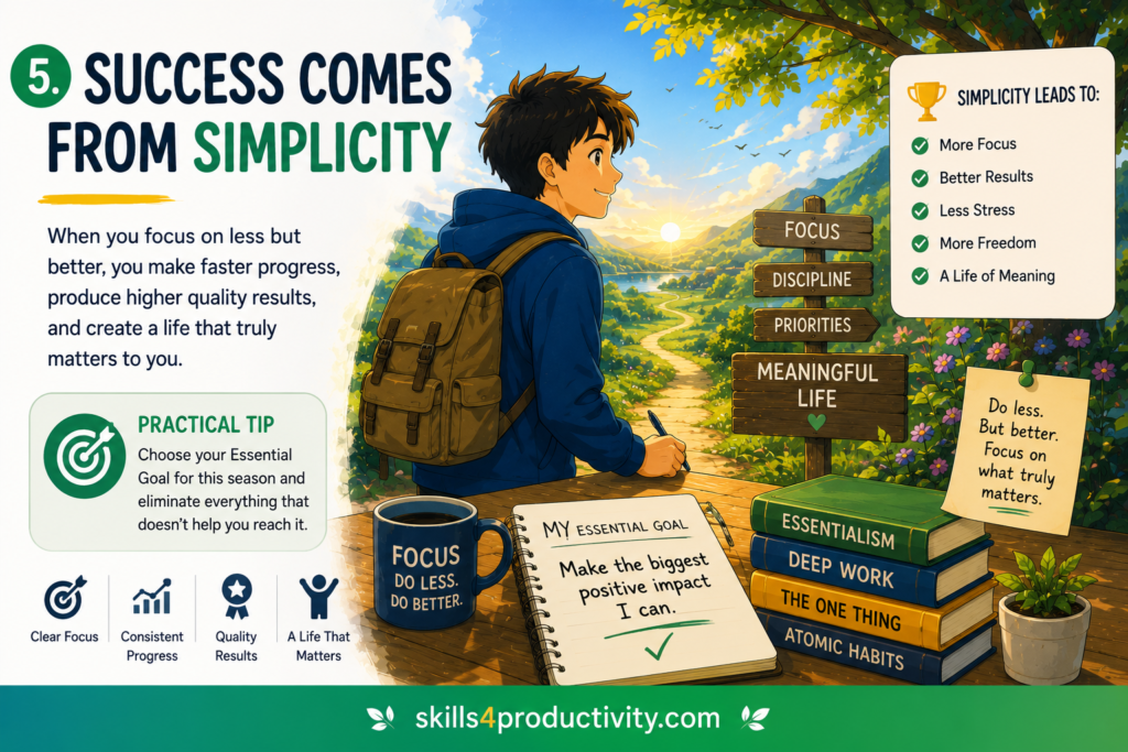 Colorful illustration showing the Essentialism principle that success comes from simplicity by focusing on meaningful goals, eliminating distractions, and choosing what matters most.