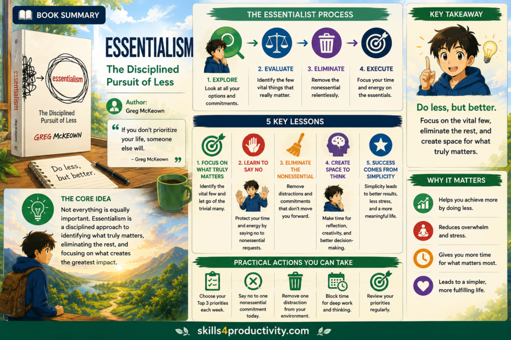 Essentialism visual summary infographic by Greg McKeown featuring the Essentialist Process, five key lessons, practical actions, and the core idea of focusing on what truly matters.