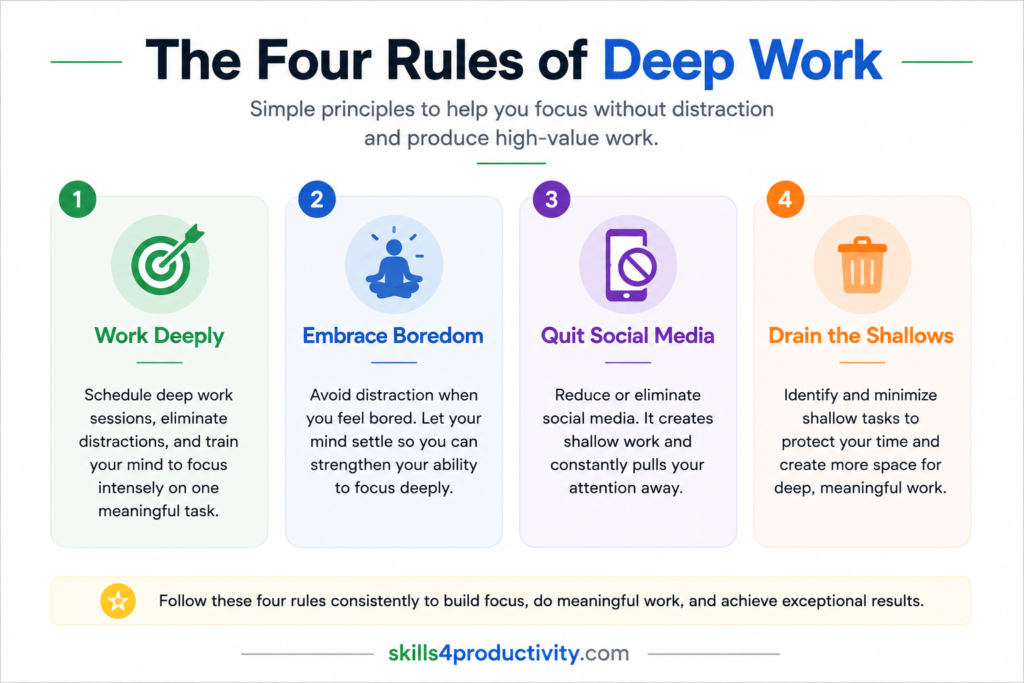 Infographic showing the four rules of deep work: Work Deeply, Embrace Boredom, Quit Social Media, and Drain the Shallows.